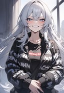 <lora:attire_dripjacket_xl-000004:1> masterpiece, best quality, rating: general, newest, solo, 1girl, smug, smirk, looking at viewer, own hands together, long hair, white hair, blue eyes, dripjacket, black pants