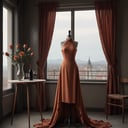 cinematic style,realistic photo of fashion dummy dress form wearing a soft muted orange-red dress; dress form is centered in the image and facing forward toward the camera; dress form is on a pole stand; dress form is standing in a luxury apartment with beautiful furnishings with a long empty dining table in the background; one single vase of dried dead roses on table; empty wine bottle on table; large window on side of photo has long beautiful curtains and the view outside is dark night sky,   <lora:movb3:1>