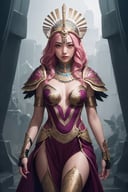 (high quality),(masterpiece),(detailed),8K,Hyper-realistic illustration depicts (Japanese girl1.3) with intricate (Egyptian-inspired headdress1.2) and (futuristic armor1.2) adorned with (hieroglyphic patterns1.2). Her (vibrant pink hair1.2) cascades down,contrasting with the (dark, metallic tones1.2) of her attire. In the style of Ash Thorp,trending on Artstation. upper thighs shot,