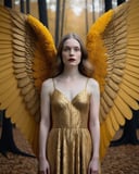 a woman in a golden dress is standing with wings in the background, in the style of patty maher, richard phillips, detailed foliage, symmetrical compositions, bright and bold color palette, petrina hicks, halloween,Highly Detailed <lora:detamodel3:1>
