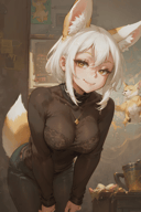 masterpiece, best quality, 1girl, (aquatint:1.3), fennec fox, large ears, animal ear fluff, large ears, white hair, jitome, leaning forward, (close-up:0.6), smile, naughty face, black sweater