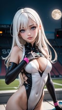 AylaVam,1girl,blurry,blurry background,blurry foreground,bokeh,breasts,chromatic aberration,crescent moon,debris,depth of field,elbow gloves,film grain,focused,grey eyes,lips,long hair,looking at viewer,messy hair,moon,night,pov,pov hands,solo,stadium,white hair,masterpiece,best quality,
