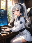 (masterpiece, top quality, best quality,beautiful,ultra detail:1.3,perfect lighting,beautiful eyes),(extremely detailed,highest detailed, absurdres , highres,intricate),A girl talking to a screen while wearing headphones in front of a computer,She's laughing and talking with a happy face.,(young girl),(white,military costume,tight skirt),(highly detailed beautiful face and eyes,silver hair:1.5,twin tail:1.1,floating hair),(white tights up to the thighs),small stature,small breasts:1.5,shiny skin,cute,, novel illustration, (official art), (((extremely detailed and beautiful background))), ((Ultra-precise depiction)), ((Ultra-detailed depiction)), (aesthetic),