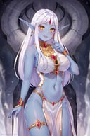 <lora:Puppypaww_Style:0.8>,((masterpiece,best quality)),  1girl, perfect face, Azshara, elf ears, long ears, white hair, long hair, long brows, colored skin, blue skin, grey skin, yellow eyes, jewelry, white dress, <lora:Queen_Azshara_ElfWorld_of_Warcraft:0.8> solo, smiling, looking at viewer, cowboy shot,