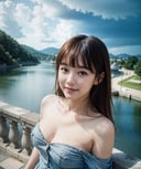 Best quality, masterpiece, film grain, full-length portrait, raw photo of 20 years old woman in off-shoulder, waist up, smile face, hand up, high angle/from above, cleavage, deep cloudy sky, cloudy outdoor, low key light, soft shadow, dark theme, <lora:hinaLovelyGirlLycoris_v10:0.7>