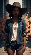 masterpiece,best quality,ultra high res,1 dark skinned African girl,(fractal art:1.3),deep shadow,dark theme,fully clothed,necklace,forlorn,cowboy shot,
