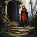 (high quality), nodf_lora, 1girl, solo, portrait, long hair, red dress, cape, grass, stairs, overgrown, pillar, scenery, (depth of field, haze, dark), <lora:notion_of_dark_fantasy-nodf-08:1>  