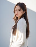(masterpiece, best-quality, 8k, hdr, film grain), photo of Japanese girl in white cardigan, extreme detailed face, skinny face, triangle face shape, flowing long hair, (close up portrait), soft bokeh, hard shadows, simple background, white background, (instagram photo), masterpiece, best quality, analogue photo of 1girl, extremely beautiful detailed face, best shadow, medium breasts, white shirt, simple background