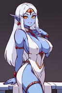 <lora:Diives_Style:0.8>,((masterpiece,best quality)),  1girl, perfect face, Azshara, elf ears, long ears, white hair, long hair, long brows, colored skin, blue skin, grey skin, yellow eyes, jewelry, white dress, <lora:Queen_Azshara_ElfWorld_of_Warcraft:0.8> solo, smiling, looking at viewer, cowboy shot,