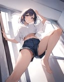 masterpiece, best quality, portrait photo of a 18 years old j-pop girl standing in front of window, wearing shorts, white shirt, beautiful face, perfect eyes, medium haircut, random pose, posing to viewer, low angle/from below, spread legs,<lora:hinaMaybeBetterPoseXL_v1:0.7>