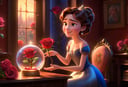 Envision a heartwarming scene straight out of a Pixar animation, a 32k UHD photo that has extremely high details, In a cozy, softly-lit tower room, adorned with whimsical trinkets and glowing with the warm hues of sunset filtering through the window, a young woman gazes dreamily at a vibrant red rose. The rose, a gift from the king's brave and charming son, glimmers with a magical sheen, each petal rendered in Pixar's signature style - vivid, lifelike, yet imbued with a touch of fantasy. The woman, designed with Pixar's distinctive blend of realism and caricature, has expressive eyes filled with hope and affection. As she tenderly touches the rose, her face lights up with an animated smile, reflecting her longing and the sweet memory of their encounter at the ball. The scene is filled with rich, saturated colors and soft lighting, creating an ambiance of romantic anticipation, while the intricate details of the room and the rose showcase Pixar's mastery in crafting visually stunning and emotionally captivating narratives.