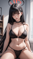 masterpiece, best quality, 1girl,  <lora:rio blue archive v2 by goofy ai:0.8> rio blue archive, red eyes, black hair, long hair, hair ornaments, halo, hairpin, large breasts