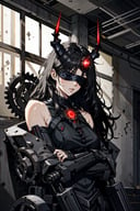 black hair, blindfold, horns, portrait, bare shoulders, indoors, building, wall, mechanical arms, glowing heart, gears, mechanical horns
