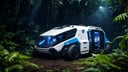 white and blue science fiction ground industrial police car in a lush jungle, science fiction, cinematic lighting, night time, volumetric light, imax, dslr, highly detailed, volumetric fog, dystopian vibes, dutch angle, cinematic angle