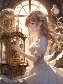 1girl, novel illustration, (official art), (((extremely detailed and beautiful background))), ((Ultra-precise depiction)), ((Ultra-detailed depiction)), (aesthetic), music box art, intricate mechanisms, melodic creations, nostalgic charm, delicate craftsmanship, artistic engineering