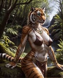 anthro, tiger, solo, female, adult, loincloth, jewelry, nipple cover, realistic fur, detailed background, wilderness background, hyper realism, RAW photo, (realism, photorealistic:1.3), detailed, hi res,