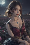 masterpiece, best quality, 1girl, (colorful),(finely detailed beautiful eyes and detailed face),cinematic lighting,bust shot,extremely detailed CG unity 8k wallpaper,white hair,solo,smile,intricate skirt,((flying petal)),(Flowery meadow) sky, cloudy_sky, building, moonlight, moon, night, (dark theme:1.3), light, fantasy,,fantasy, high contrast, ink strokes, explosions, over exposure, purple and red tone impression , abstract, ((watercolor painting by John Berkey and Jeremy Mann )) brush strokes, negative space,