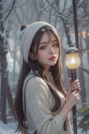 a lovely painting of a girl in the forest with light snow falling, <lora:add_detail:1>