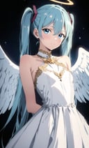 masterpiece, best quality, hatsune miku, white gown, angel, angel wings, golden halo, dark background, upper body, (closed mouth:1.2), looking at viewer, arms behind back, blue theme, stars, starry night