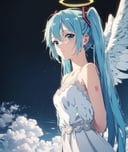 masterpiece, best quality, hatsune miku, white gown, angel, angel wings, golden halo, dark background, upper body, (closed mouth:1.2), looking at viewer, arms behind back, blue theme, cloud
