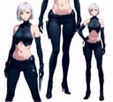cgmech,multiple view angles, weapon, 1girl, white hair, breasts, high heels, navel, bodysuit, gun, black hair, elbow gloves, short hair, gloves, realistic, medium breasts, knife, science fiction, boots, holding, simple background(photorealistic, film grain:1.3), ((masterpiece, best quality)),  <lora:cgmechmix_offset:1><lora:more_details:0.3> simple background