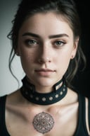 photo, rule of thirds, dramatic lighting, medium hair, detailed face, detailed nose, woman wearing tank top, freckles, collar or choker, smirk, tattoo, intricate background
,realism,realistic,raw,analog,woman,portrait