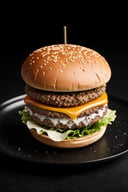product shot of ultra realistic juicy cheeseburger against a dark background, two tone lighting, advertisement, octane, unreal