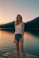 A young woman stands on a weathered wooden dock extending over a still mountain lake at dusk. Dressed in cutoff denim shorts and a loose white tank top, she gazes pensively over the glassy waters with hands in her pockets. Her long honey-blonde hair glows in the golden light of the setting sun. A sense of peace and solitude pervades this high alpine scene at day's end as the sky fades into pastel hues and the loons begin their plaintive calls