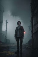 1girl,Gritty neon, synthetic textures, modded limbs, worn materials, atmospheric fog, rebellious stances, urban decay, layered storytelling, sci-fi tech, dystopian settings   