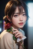 <lora:GirlfriendMix2:1>1girl, Tokyo street,night, cityscape,city lights, upper body,close-up, 8k, RAW photo, best quality, masterpiece,realistic, photo-realistic,red rose, 