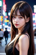 <lora:GirlfriendMix2:1>1girl, Tokyo street,night, cityscape,city lights, upper body,close-up, 8k, RAW photo, best quality, masterpiece,realistic, photo-realistic, parted bangs, long hair,