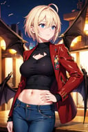 best quality, masterpiece, high quality, 1girl,solo,middle breast , short hair, (hair between eyes),(00BFFE pixie cut), Bat wings, Disappointed face,(Embroidered sweater, Cropped flare jeans, Leather blazer)