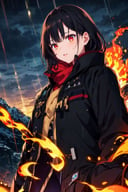 masterpiece, best quality, 1girl, solo, mountain, extremely detailed, fire, fire swirl, long coat, black coat, ankle boots, outdoors, thunder, rain, glowing, glowing eyes, upper body
