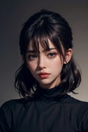 a 30 yo woman,(hi-top fade:1.3),long hair,dark theme, soothing tones, muted colors, high contrast, (natural skin texture, hyperrealism, soft light, sharp),