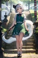 masterpiece, best quality,  <lora:youmu:1>,1girl, konpaku youmu, solo, short sleeves, konpaku youmu (ghost), skirt, short hair, vest, shoes, tree, shirt, red eyes, looking at viewer, puffy sleeves, green vest, black footwear, green skirt, hairband, full body, ribbon, puffy short sleeves, black hairband, bow, grass, mary janes, outdoors, white shirt, bowtie, black bow, black bowtie, stairs, black ribbon, standing, socks, hair ribbon, hitodama, lantern, white hair, bangs, grey hair, frills, head tilt, flower, skirt set, frilled skirt, smile, closed mouth, petals, collared shirt, hand up, bush, white socks, ghost, neck ribbon, brick wall, petticoat, dress, stone stairs, breasts, bob cut, sunlight, arm at side, holding, bare legs, weapon, sword, plant, small breasts