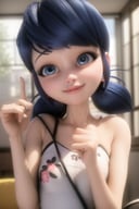 (8k, RAW photo, best quality, masterpiece:1.2), (intricate details), perfect eyes, perfect face, perfect lighting, beautiful, (masterpiece:1.2), (best quality:1.2), 1girl, solo, marinette, blue hair, ponytails, pajamas,  <lora:marinette-10:0.85>