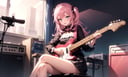 1girl, solo, black skirt, blue eyes, electric guitar, guitar, holding plectrum, instrument, long hair, one side up, pink hair, playing guitar, room, sitting, chair,