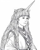 a beautiful drawing of a Ashamed  girl  in The Kingdom of the Unicorn ,  highest quality, art by coloring-book-style, ((white background)), b&w
