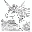 a beautiful drawing of a Frightened  boy  in The Kingdom of the Unicorn ,  highest quality, art by coloring-book-style, ((white background)), b&w