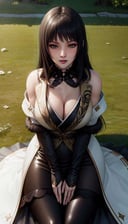 (Masterpiece, High Quality:1.3), stunning hyperrealistic, (3D:0.65), cycle render, trending on cg society, intricate Details, field of view, (sharp focus:0.9), soft egdes, (cinematic lighting:1.1), vibrant colors,Gentiana, mature female, bending over, flying kiss, flirting, blush, grass background, rays and shadows, (outside:1.15), (cowboy shot, very closeup:1.2),black hair, hime cut, blunt bangs, lipstick, makeup, black eyeshadow, eyelashes, (ultra detail hair:1.1), ultra realistic hair, ultra detail face, green eyes, (perfect eyes, perfect face:1.2),japanese clothes, black dress, black skirt, intricate cloth ornament, (pantyhose:1.05), thigh boots, toeless footwear, fingerless gloves, elbow gloves,(Large Breasts:1.2), cleavage  <lora:Gentiana-000009:0.9>