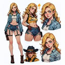 (CharacterSheet:1), 1girl, (messy hair, blonde, long hair, hair clip, blue eyes), (jeans shorts, crop top, denim jacket, garter, american flag),(yellow gloves:1), fight pose, (multiple views, full body, upper body, reference sheet:1),(simple background, white background),(masterpiece:1.2), (best quality, highest quality), (ultra detailed), (8k, 4k, intricate),(full-body-shot), (Cowboy-shot:1.4), (50mm), (highly detailed:1.2),(detailed face:1.2), detailed_eyes,(gradients),(ambient light:1.3),(cinematic composition:1.3),(HDR:1),Accent Lighting,extremely detailed,original, highres,(perfect_anatomy:1.2),<lora:CharacterDesign_Concept-10:0.5>