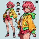 (CharacterSheet:1), 1girl, (pink short hair:1.3), (orange jacket, red shorts, bangs, white shirt, green pendant, red shoes, green eyes), fight pose,  (multiple views, full body, upper body, reference sheet:1),(simple background, white background),(masterpiece:1.2), (best quality, highest quality), (ultra detailed), (8k, 4k, intricate),(full-body-shot), (Cowboy-shot:1.4), (50mm), (highly detailed:1.2),(detailed face:1.2), detailed_eyes,(gradients),(ambient light:1.3),(cinematic composition:1.3),(HDR:1),Accent Lighting,extremely detailed,original, highres,(perfect_anatomy:1.2), <lora:CharacterDesign_Concept-10:0.5>