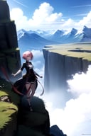 2d, masterpiece, best quality, anime, highly detailed, full body, 1girl, solo, pink hair, short hair, mountain, cliff, cloud, mystical, mysterious