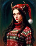 demon woman wearing a christmas sweater, upper body, art by gerald brom <lora:more_details:0.4>