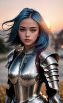 (masterpiece), (extremely intricate:1.3), (realistic), portrait of a girl with blue hair, the most beautiful in the world, (medieval armor), metal reflections, upper body, outdoors, intense sunlight, far away castle, professional photograph of a stunning woman detailed, sharp focus, dramatic, award winning, cinematic lighting, ,  volumetrics dtx, (film grain, blurry background, blurry foreground, bokeh, depth of field, sunset, motion blur:1.3), chainmail
