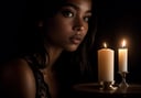 award winning (closeup photo:1.2) of a beautiful black woman in an abandoned house, erotic pose, black lace dress, deep shadow, (candle light:1.3), moody and melancholic atmosphere with black background by lee jeffries nikon d 850 film stock photograph 4 kodak portra 400 camera f1.6 lens rich colors hyper realistic lifelike texture dramatic lighting unrealengine trending on artstation cinestill 800, dark skinned goddes, (film grain)