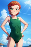 masterpiece, best quality, <lora:GwenLuckyGirl-15:1>  ,1girl, Gwendolyn_Tennyson, solo, smirk , standing, swimsuit, outdoors, sky, day, cloud, hand on hip, one-piece swimsuit, beach, , (green one-piece swimsuit:1.2) 