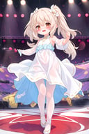 masterpiece,high quality,1girl,(solo:1.2),open mouth,happy,standing,looking at viewer,long hair,(white pantyhose:1.2),full body,dancer,long dress,stage,idol,, <lora:EMS-5265-EMS:1>