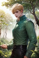 (absurdres, highres, ultra detailed), 1 male, solo, adult, (mature:1.4, aged up:1.4), tall muscular guy, broad shoulders, handsome, angular jaw, thick neck, BREAK, looking at viewer, short blonde hair, blue eyes, long sleeves, forest, trees full of greenery, fluttering leaves, natural light and shadow, Jungle exploration, lots of plants, depth of field, cowboy shot, <lora:handsome_male-02:0.8:0,0,0,0,0,0,0,0,0,1,0,0,0,0,0,0,0>