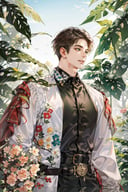 (absurdres, highres, ultra detailed), (1 male, solo, adult, mature, aged up, tall muscular guy, broad shoulders, handsome), wavy brown hair, green eyes, (angular jaw, thick neck, thick eyebrows), BREAK, forest, fantasy, Uniform, extremely detailed face, smile, cowboy shot, <lora:handsome_male-02:0.7:0,0,0,0,0,0,0,0,0,1,0,0,0,0,0,0,0>